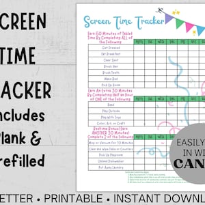 Printable and Editable Kid&#39;s & Teens Screen Time Tracker Chore Chart, Summer Responsibility Checklist, Earn Screen Time