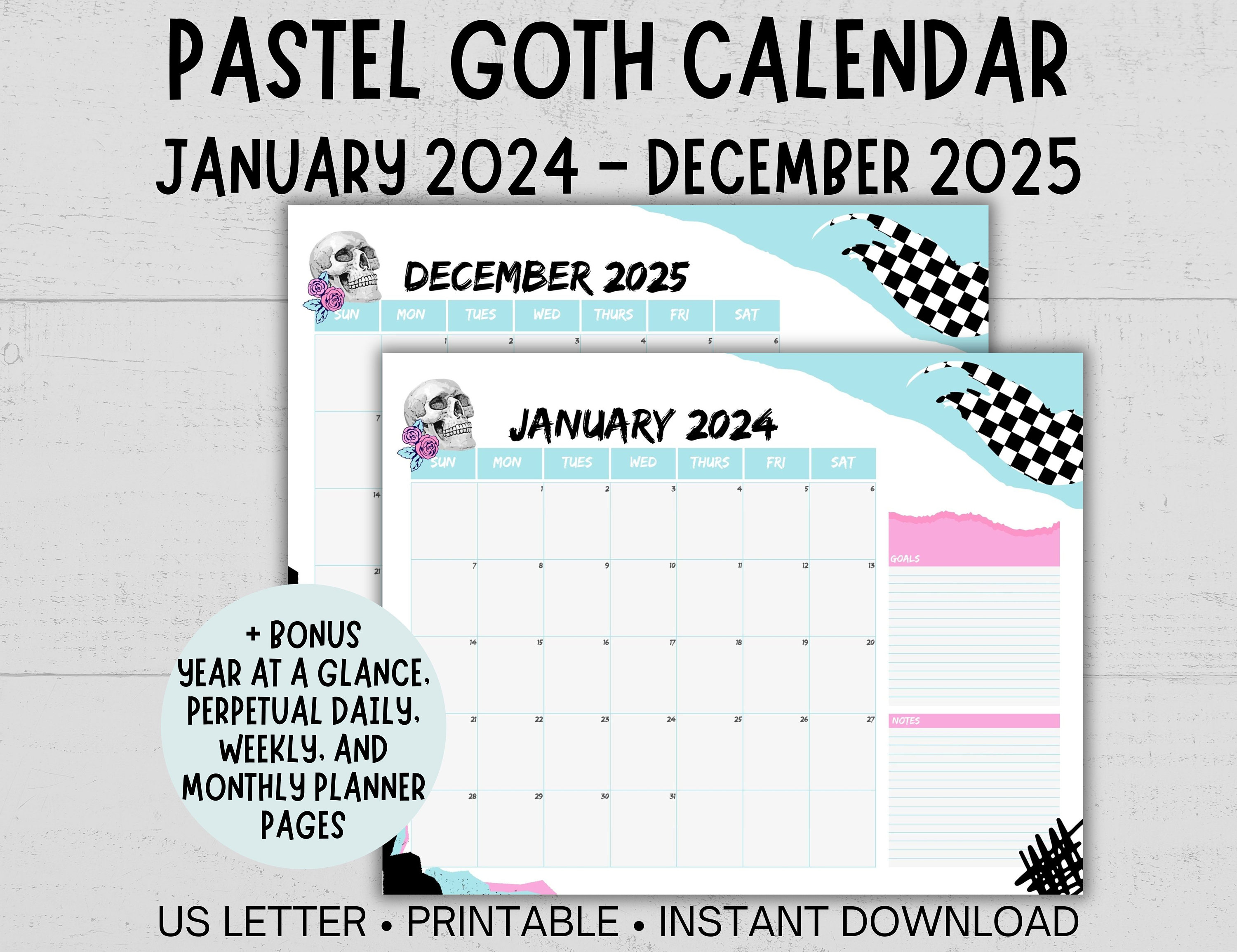 Printable Emo Punk 2024 2025 Calendar, Skull Monthly Calendar, Perpetual  Calendar, Pastel Goth Design, Year at A Glance Included - Etsy