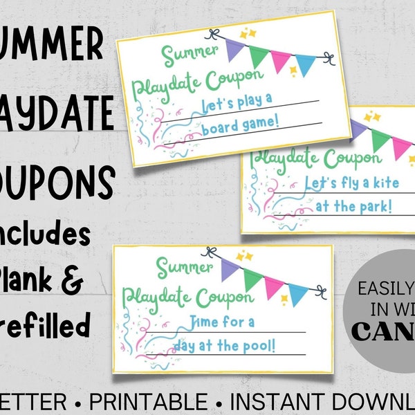 Editable Summer Activity Cards, Printable Bucket List Coupons For Kids, Fillable Kid's Playdate Cards + Bonus Perpetual 2023 & 2024 Calendar