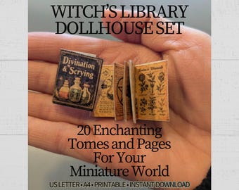 Libri di streghe stampabili per la biblioteca delle case delle bambole, grimori in miniatura e libri di incantesimi con pagine interne, mini libri gotici in formato PDF + modello Canva