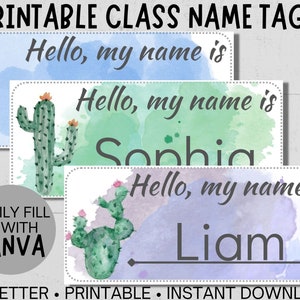 Bearbeitbare Namensschilder für Schüler, Füllen und Drucken von Klassennamensschildern, Kaktus Sukkulenten Aquarell Wachstum Mindset Klassenzimmer Thema, Schreibtisch Cubby Label