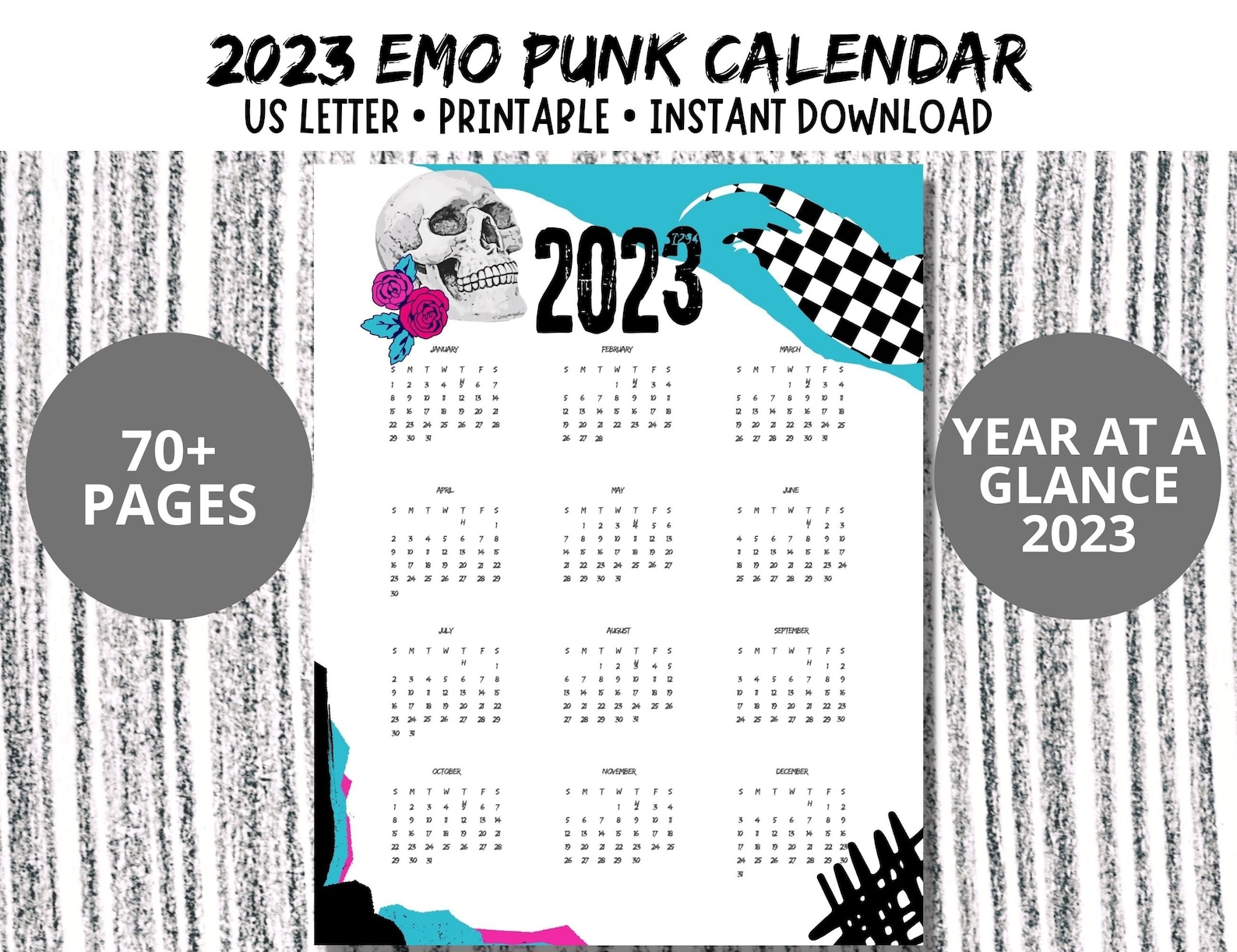 Printable 2023 Calendar and Planner Emo Punk Skull Agenda Etsy