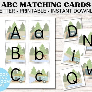 Cartes flash imprimables de jeu d’apprentissage correspondant à l’alphabet ABC, thème de classe Camping Adventure Great Outdoors, lettres majuscules et minuscules