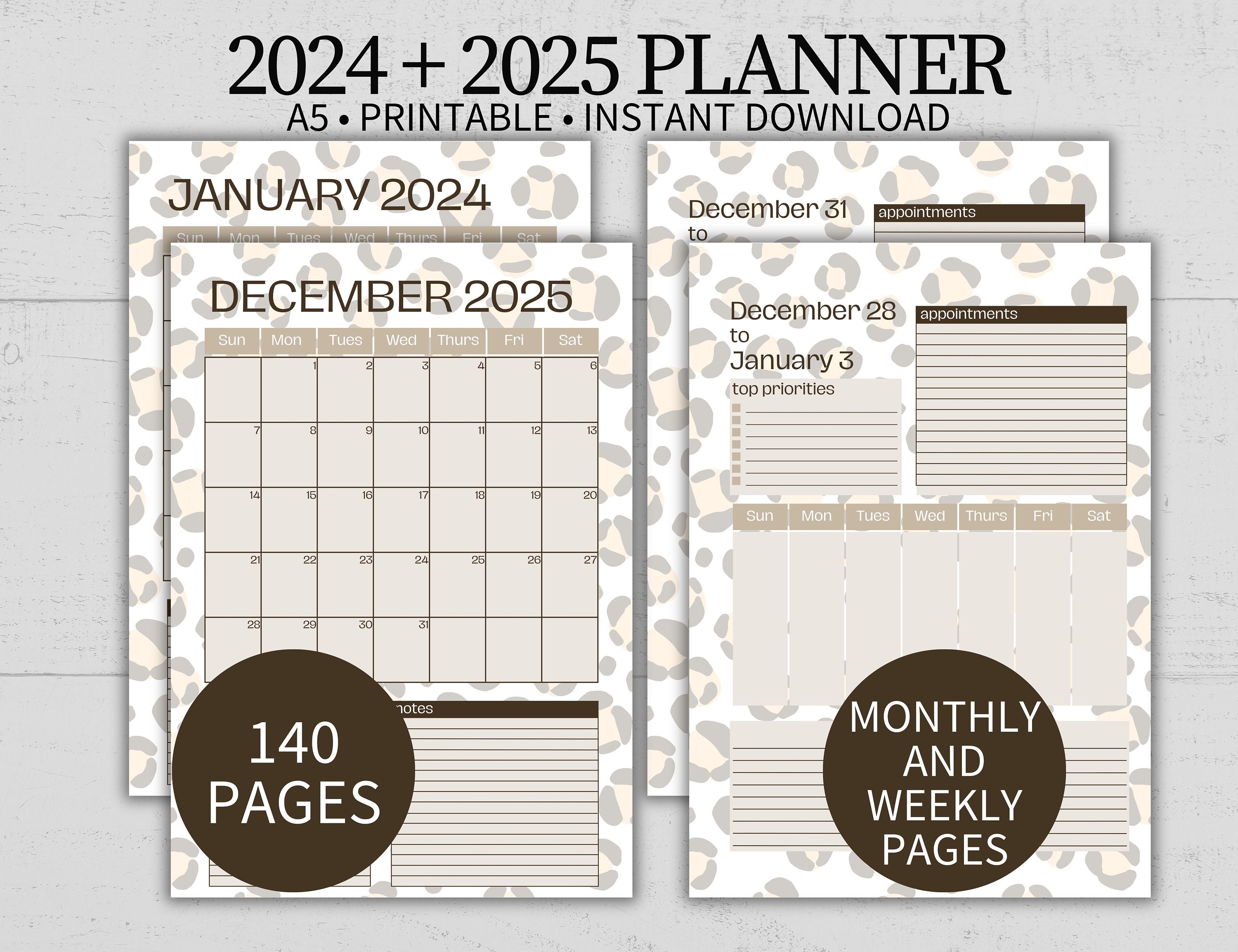 Printable Leopard Print A5 Planner, Instant Download Monthly Calendar
