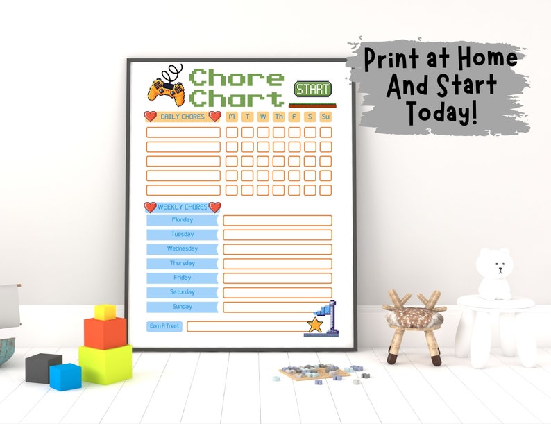 Gamer Chore Chart for Kids, Printable Responsibility Tracker and Reward ...