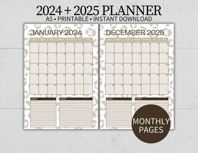Printable Leopard Print A5 Planner, Instant Download Monthly Calendar