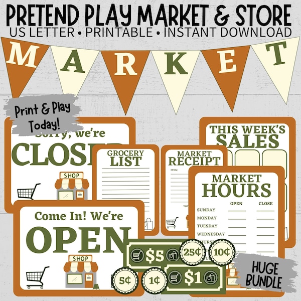 Pretend Play Grocery Market Printable Bundle, Grocery Store Dramatic Play Instant Download, Toddler Preschool Classroom Homeschool Activity