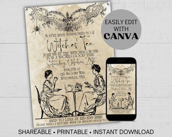 Editable Witches' Tea Party Invitation, Gothic Birthday or Bridal Shower, Vintage Victorian Whimsigoth Halloween Party Invite