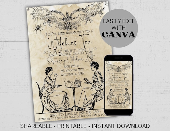 Editable Witches' Tea Party Invitation, Gothic Birthday or Bridal Shower, Vintage Victorian Whimsigoth Halloween Party Invite