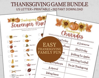 Printable Thanksgiving Game Bundle, Thanksgiving Charades Game, Thanksgiving Scavenger Hunt, Games for Family, Friends, Adults, & Kids