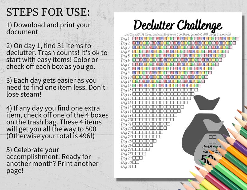 Declutter Challenge Printable - Simple 31 Day Declutter Tracker, Checklist, & ADHD Decluttering Challenge image 4