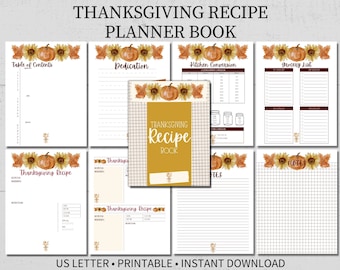 Printable Recipe Planner Book, Thanksgiving Recipe Cards, Thanksgiving Grocery List, Kitchen Conversion Chart, Thanksgiving Kitchen Notes