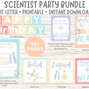 Printable Science Party Bundle, Kid&#39;s Scientist Birthday Party Pack, Printable Chemistry Party Set, Scientist Party Decoration Package