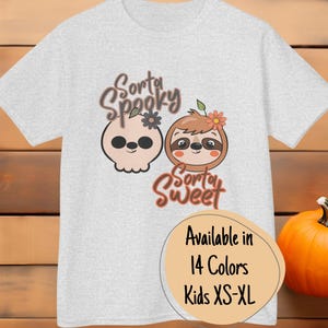 Sorta Spooky Sorta Sweet Kids Halloween Shirt,  Kawaii Sloth & Sloth Skull Tee, Pinkoween Coquette Cute Creepy T-Shirt