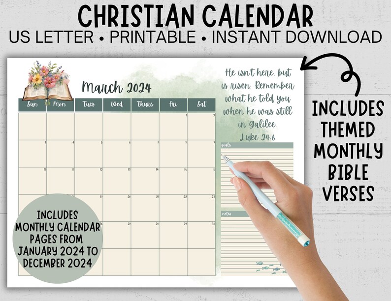 Printable Christian Calendar, 2024 Bible Verse Calendar, Perpetual