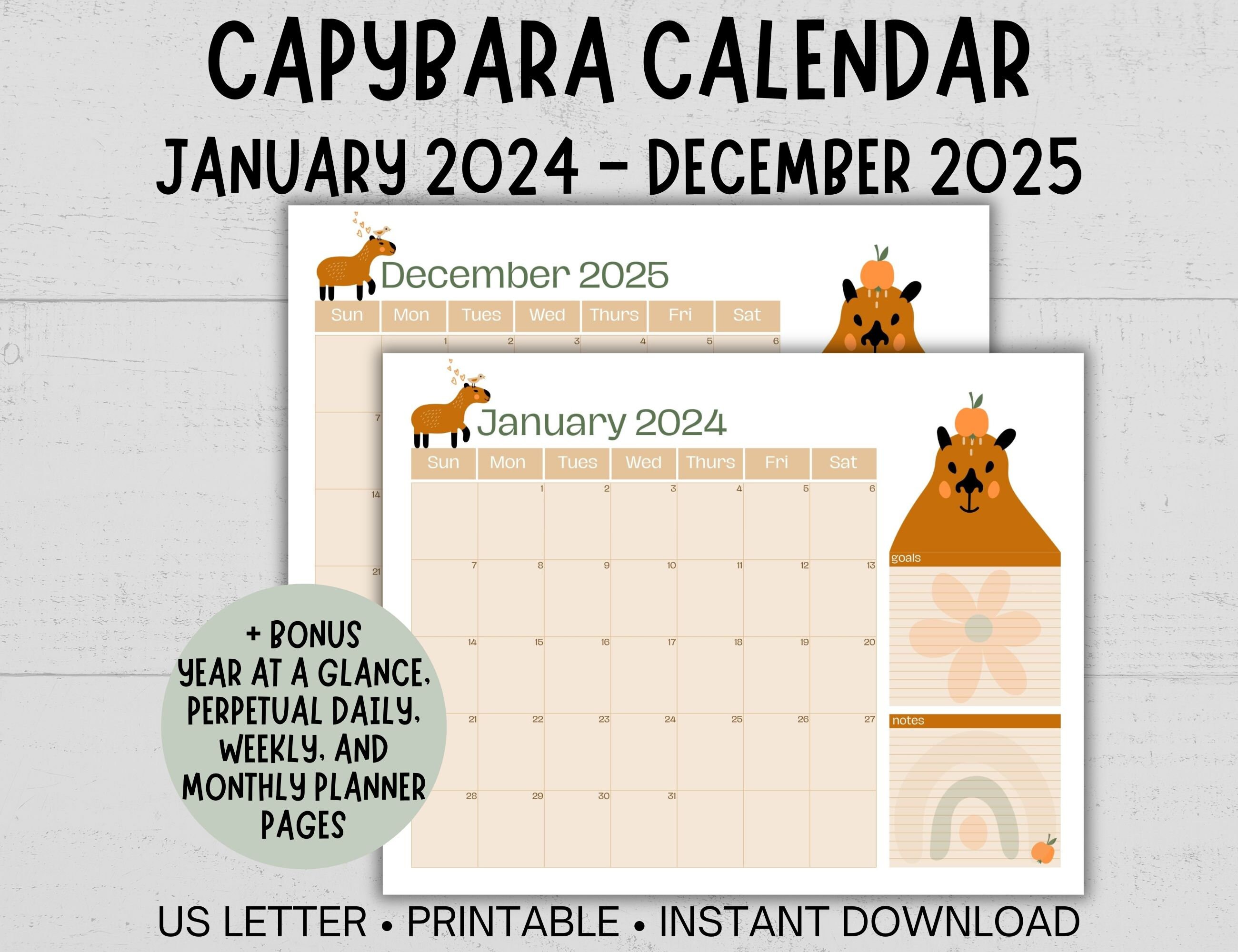 Printable Capybara Calendar, Boho Monthly Calendar 2025 2025, Capybara