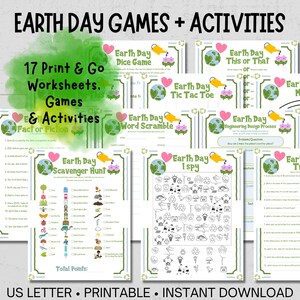 Druckbares Earth Day Spiele- und Aktivitäten-Bundle für Kinder, gedämpfte Arbeitsblätter + Handprint Art und Malseiten