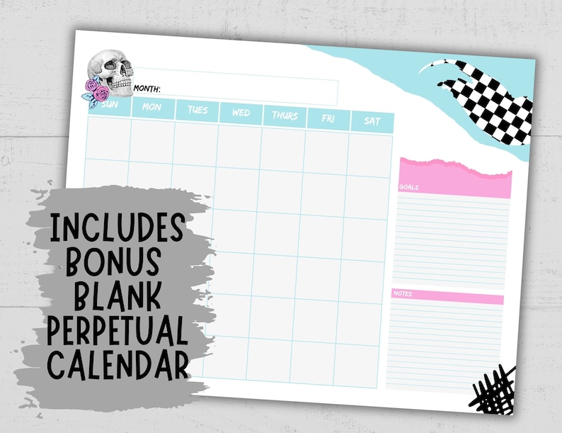 Printable Emo Punk 2024 2025 Calendar, Skull Monthly Calendar