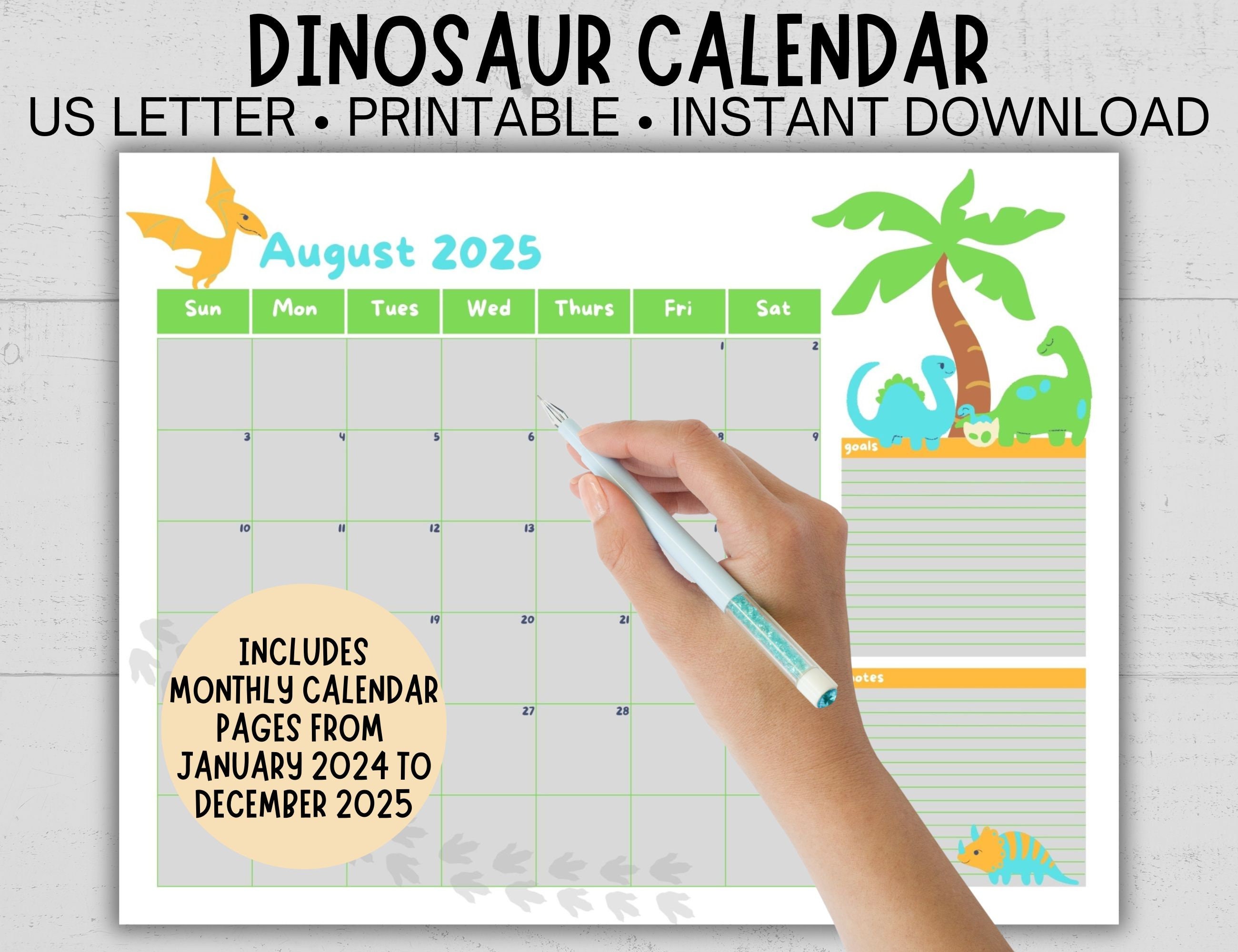 Printable Dinosaur Calendar, January 2024 to December 2025, Blank