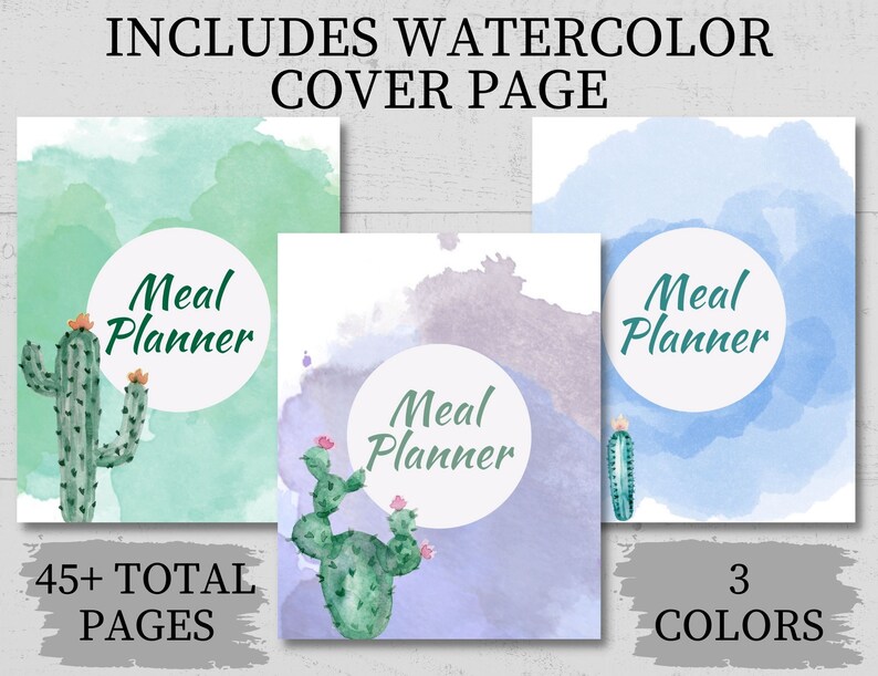 Watercolor Cactus Meal Planner, Meal Planning Bundle, Weekly Meal Planner Template, Recipe Cards ...