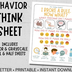 Printable Toddler and Kid&#39;s Behavior Think Sheet - Consequence & Social Emotional Regulation and Reflection Form For Home and School