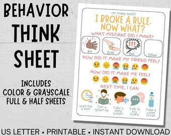 May include: A printable worksheet titled "My Think Sheet: I Broke a Rule. Now What?"  The worksheet is designed to help children reflect on their behavior. It includes sections for identifying the mistake, how it made others feel, and how it made them feel. It also includes suggestions for what to do next time.