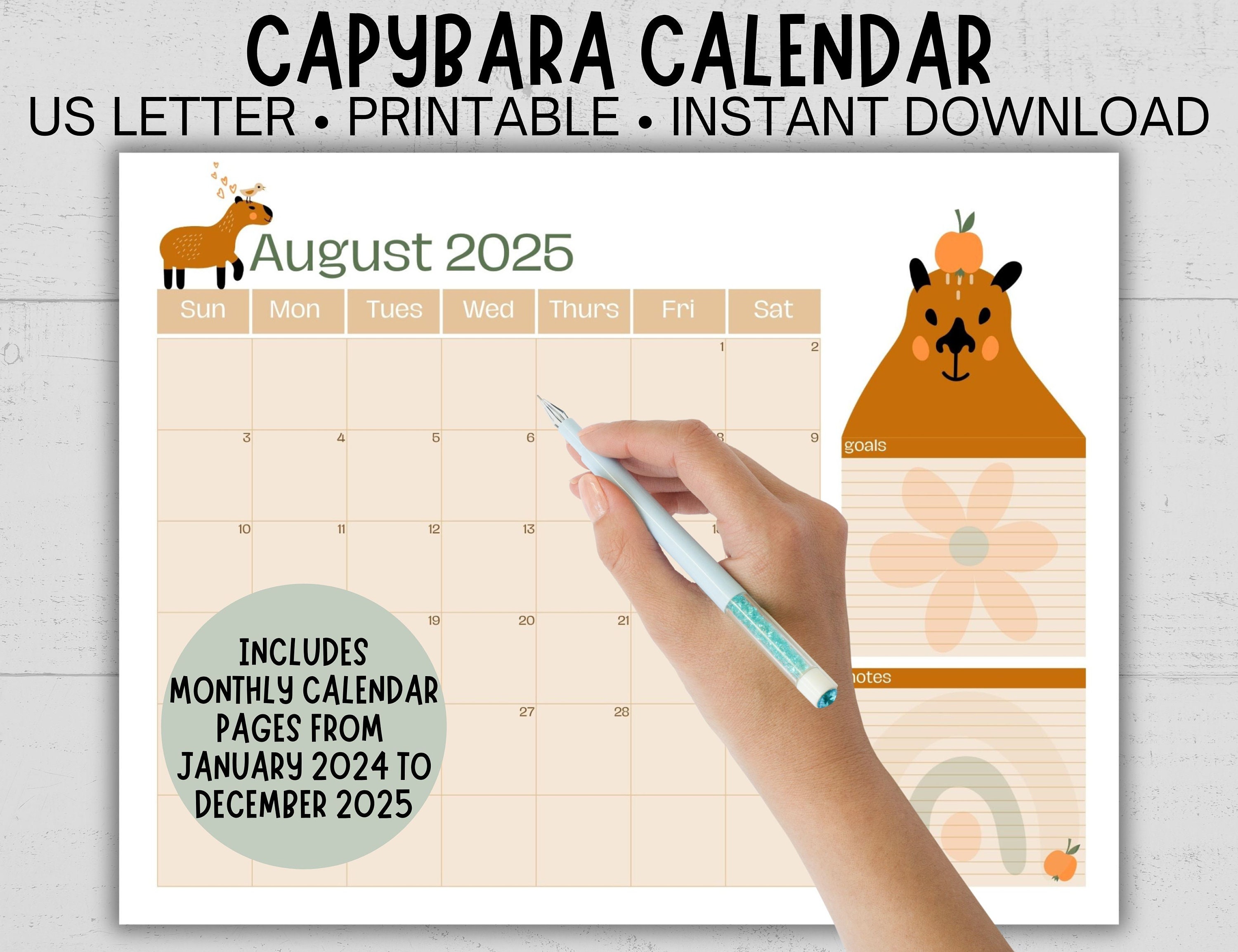Printable Capybara Calendar, Boho Monthly Calendar 2025 2025, Capybara