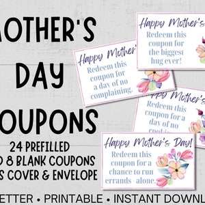 Livre de coupons pour la fête des mères, cadeau de bricolage imprimable pour elle, coupons pour maman, artisanat de coupon prérempli et vierge pour le cadeau de la fête des mères