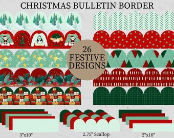 May include: 26 festive Christmas bulletin border designs in various patterns and colors, including red, green, white, and gold. The designs include a variety of Christmas themes, such as snowflakes, stars, presents, and ornaments. The designs are available in three sizes: 3 inches by 10 inches, 2.75 inches scallop, and 2 inches by 10 inches.