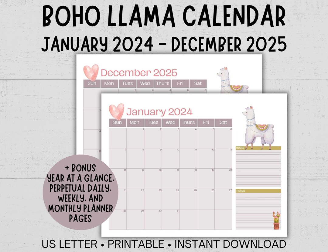 Printable Llama Calendar, Boho Monthly Calendar 2024 2025, Alpaca