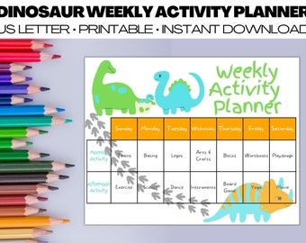 May include: A printable dinosaur-themed weekly activity planner. The planner features a green and blue dinosaur illustration, with sections for morning and afternoon activities. The text includes "DINOSAUR WEEKLY ACTIVITY PLANNER" and "US LETTER PRINTABLE INSTANT DOWNLOAD".