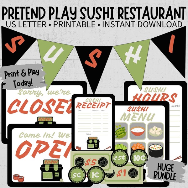 Pretend Play Sushi Restaurant Printable Bundle, Kitchen Dramatic Play Download, Toddler Preschool Classroom Homeschool Imagination Activity