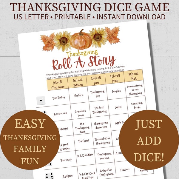 Printable Thanksgiving Roll A Story Dice Game, Thanksgiving Dice Game, Kids Storytelling Activity, Fall Family Fun, Creative Story Game