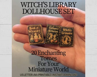 Printable Witch's Library, Dollhouse Mini Spell Books and Grimoires, Dark Academia Miniature Book Covers, Halloween Diorama Mini Book Kit