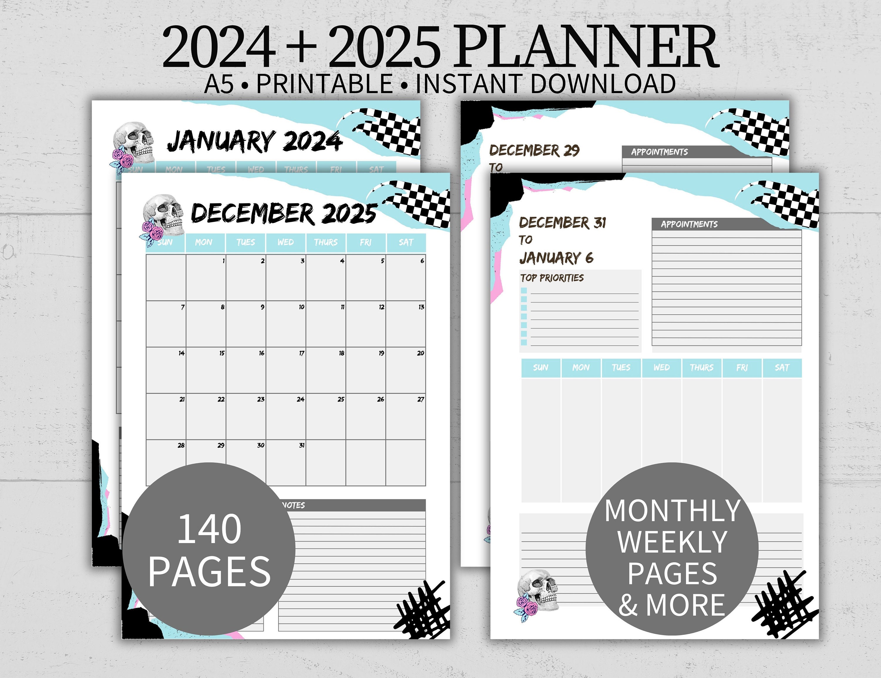 Printable A5 Goth Planner &amp; Calendar, Emo Punk Skull Agenda, Weekly ...