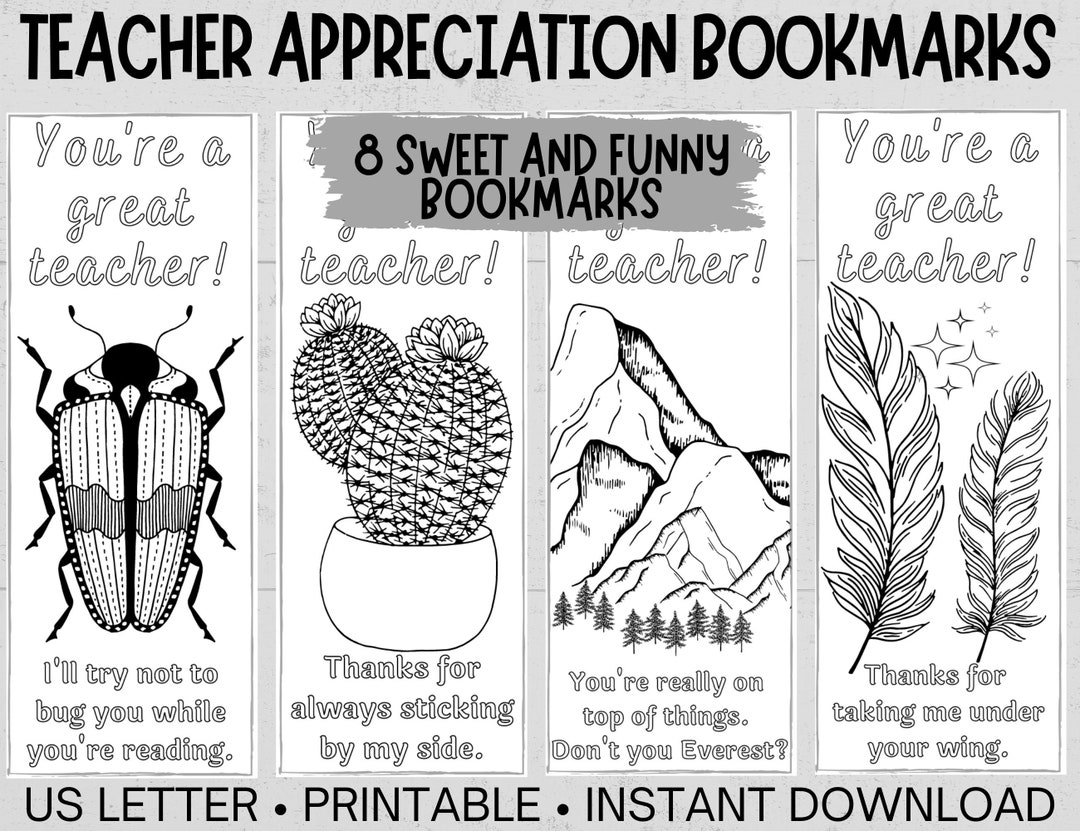 Teacher Appreciation Bookmarks, Printable DIY Gift for Teacher, Color ...