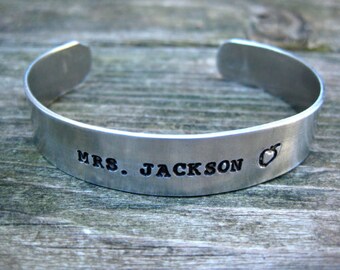 Personalized Teacher Bangle - Teacher Bracelet with Name and Apple - Handstamped by Rawkette Custom