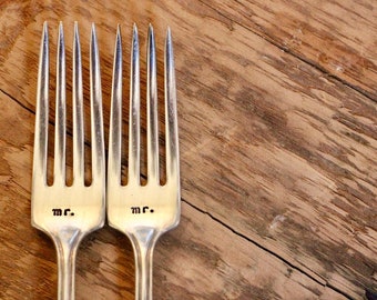 Custom Vintage Wedding Fork Set - Mr Fork - Mrs Fork - Hand stamped by Rawkette Custom