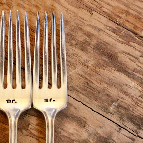 Custom Vintage Wedding Fork Set - Mr Fork - Mrs Fork - Hand stamped by Rawkette Custom