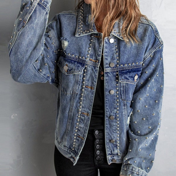 Studded Denim Jacket Etsy