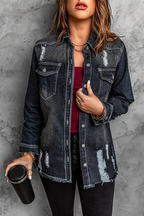 Raw hem black denim best sale jacket
