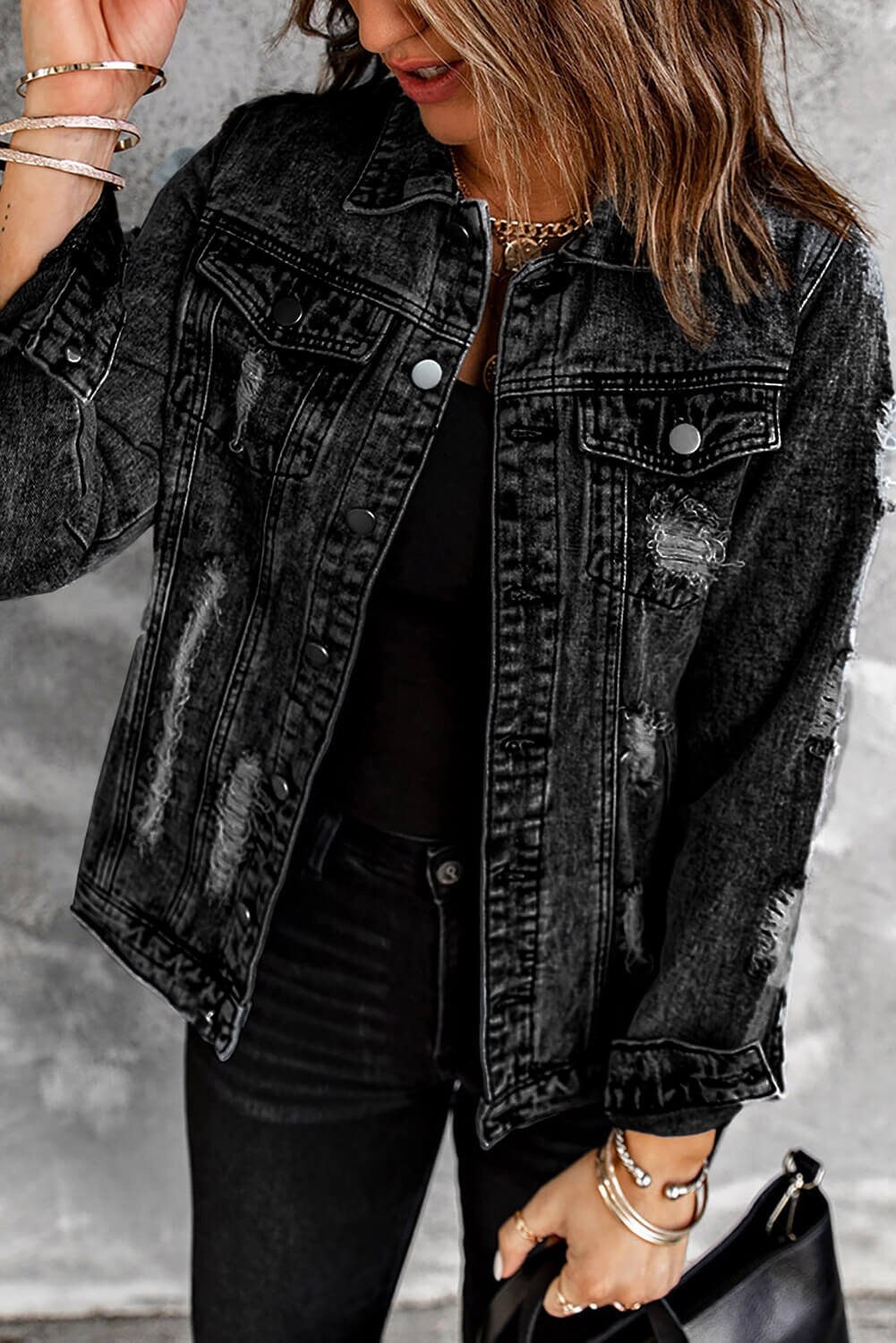 Acid wash black denim jacket sale