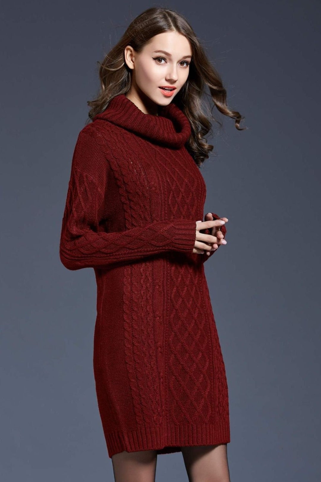 Full Size Mixed Knit Cowl Neck Dropped Shoulder Sweater Dress - Etsy