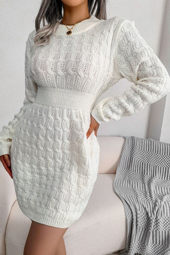 Cable-knit Long Sleeve Mini Sweater Dress in White - Etsy Sweden