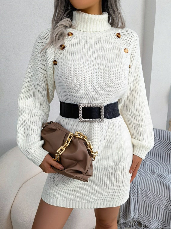 Decorative Button Turtleneck Sweater Dress in White - Etsy