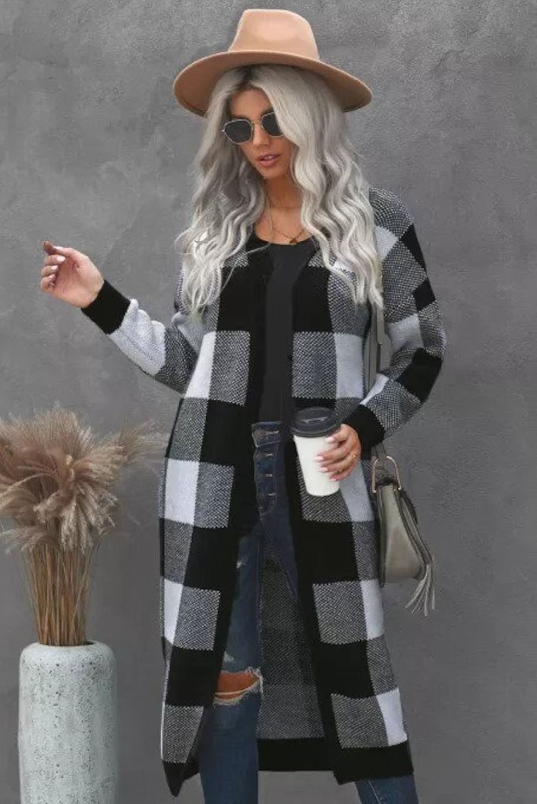 Buffalo Plaid Duster Cardigan in Black and Gray - Etsy