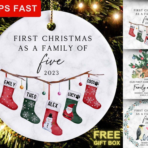 Family of Five Christmas Ornament, Family Ornament, Personalized Baby's First Christmas Ornament, Family of 5, First Christmas Keepsake