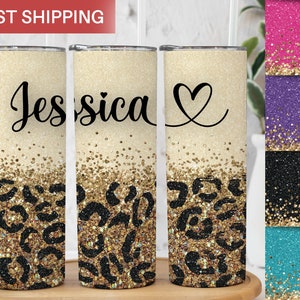 Custom Glitter Cheetah Print Tumbler with Lid and Straw - Leopard Print Glitter Tumbler Birthday Gift for Her - Personalized Name Tumbler