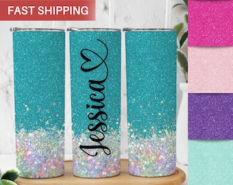 Custom Glitter Tumbler Cup with Lid and Straw - Personalized Glitter Name Tumbler -  Cute Chunky Glitter To Go Cup Birthday Gift for Her