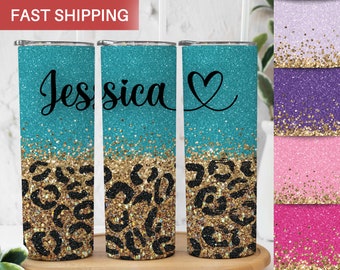 Custom Glitter Cheetah Print Tumbler with Lid and Straw - Leopard Print Glitter Tumbler Birthday Gift for Her - Personalized Name Tumbler